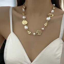 Flashbuy Trendy Gold Color Necklace Creative Irregular Metal Pearls Chain Choker Necklace Clavicle Chain Collier Jewelry
