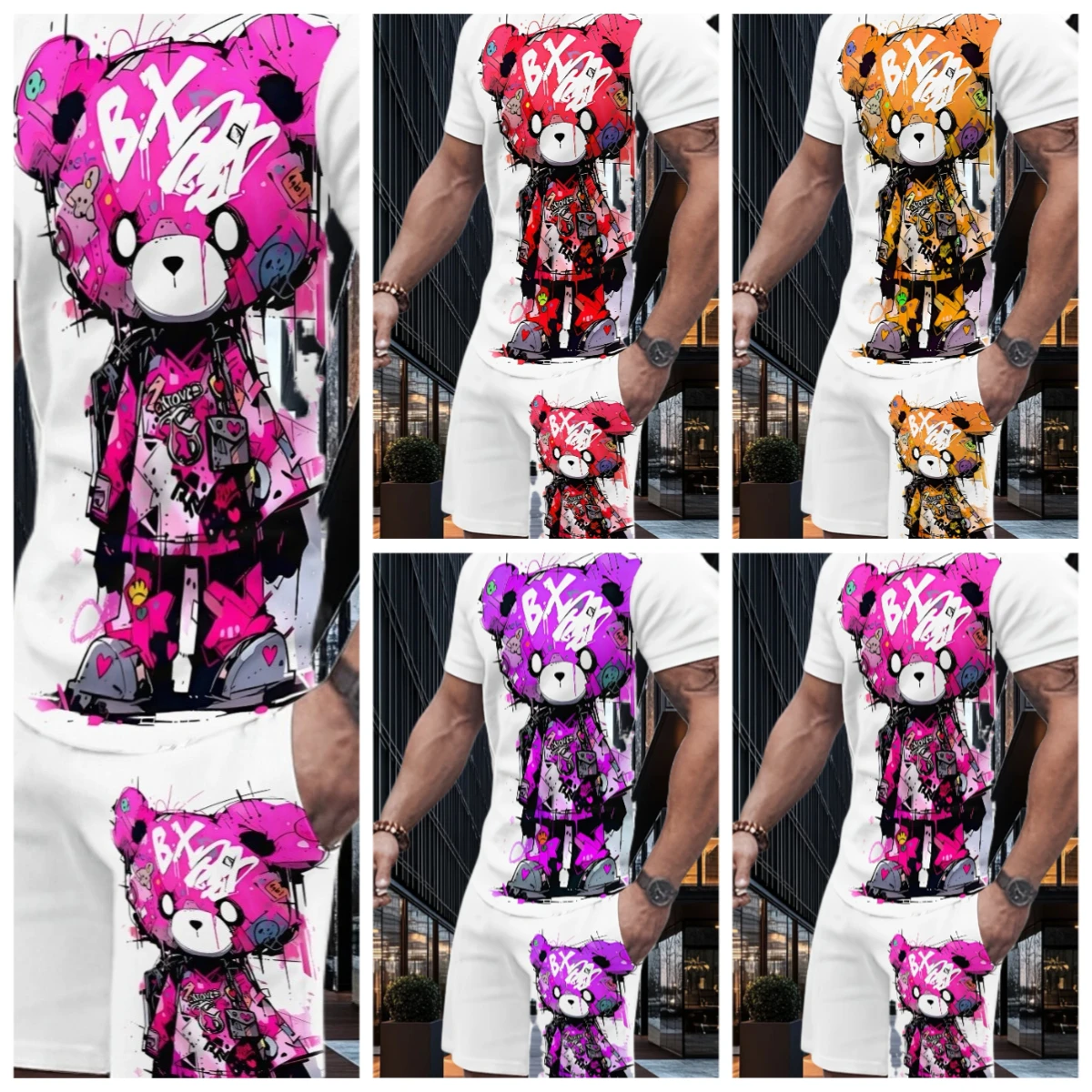 

25/26 New Summer Set Men's T-shirt Trendy American Street Printed Round Neck Men's Set Trendy Handsome Sports Two Piece Set