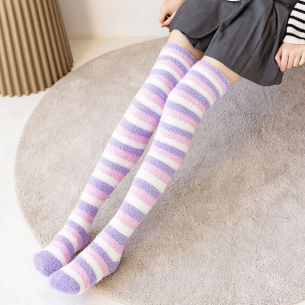 

Fuzzy Warm Striped Stockings Long Tube Coral Velvet Warm Leg Wear Comfortable Over Knee Socks Winter