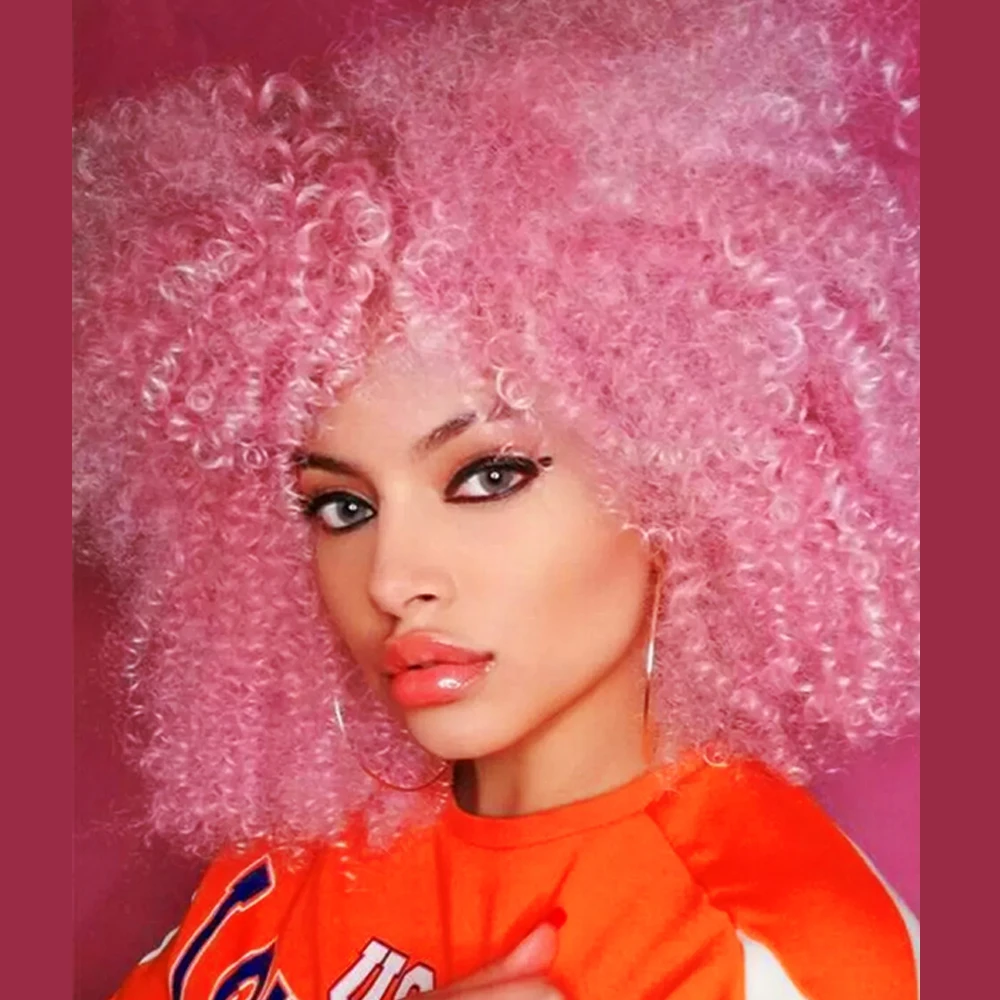 

Короткие розовые парики длиной до плеч, синтетический странный вьющийся парик для чернокожих женщин, ежедневное использование, концерты, тематическая вечеринка, косплей, Хэллоуин