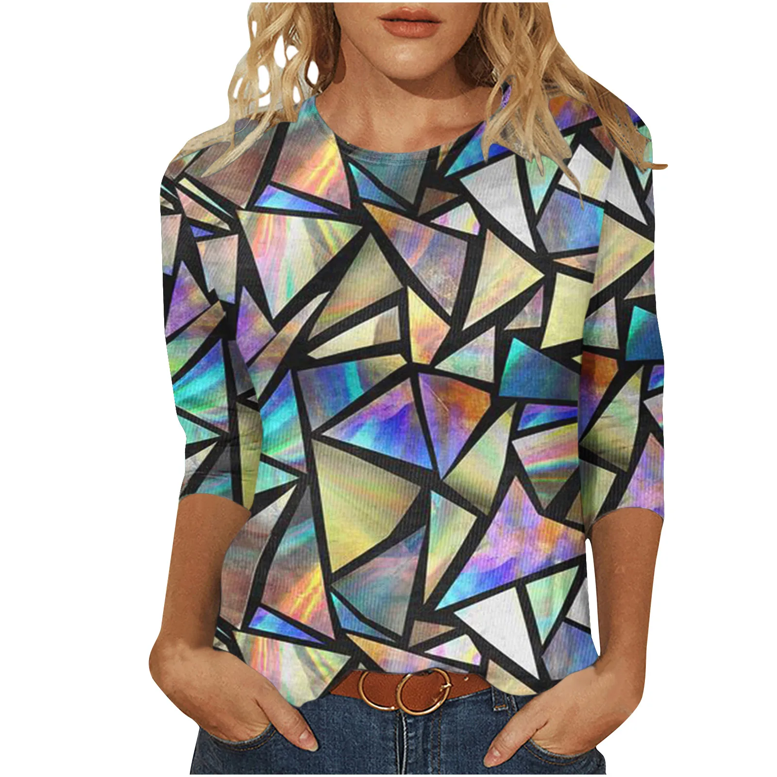 Fashionable Autumn Street Long Sleeved T-shirt With Optical Illusion 3D Printed Top For Women 2024, Cool And Colorful Round Neck