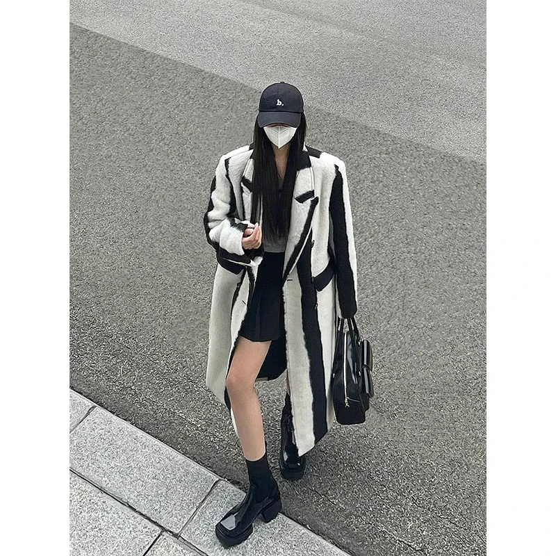 Striped Long Wool Blends Coat Women Vintage Patchwork Jackets Korean Thick Outwear Oversized Cardigan Woolen Overcoat Tops