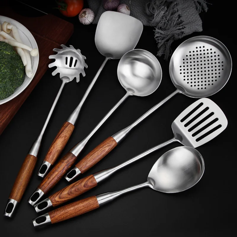 7-Piece Cooking Tools Set, 304 Stainless Steel Kitchen Utensils with Wooden Handle - Turner Soup Spoon Strainer Fish Spatula