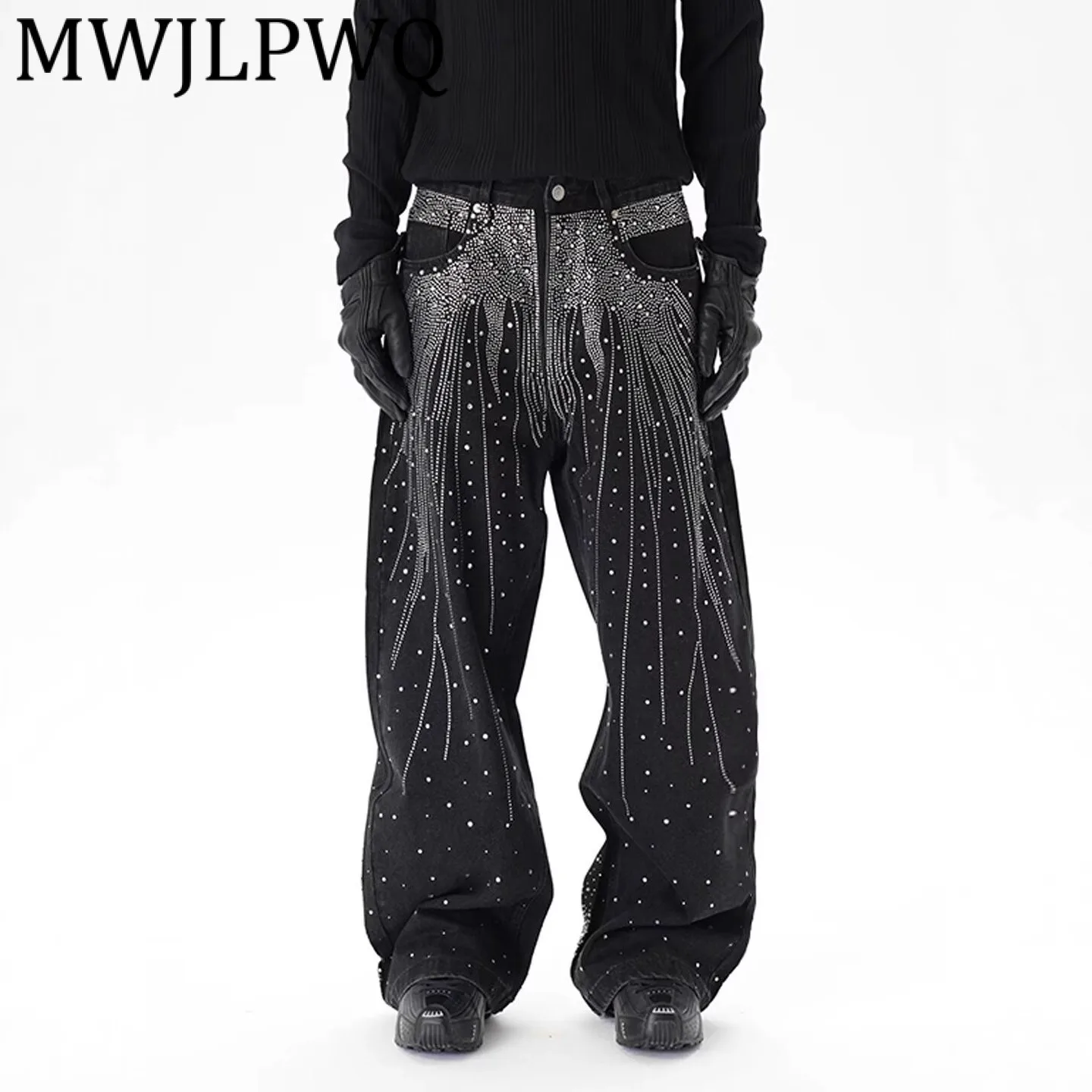 

MWJLPWQ Мужские потертые джинсы со стразами в уличном стиле, прямые свободные брюки с драпировкой, широкие длинные брюки, осень 11966