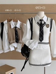 Fall Winter Women Preppy JK College Outfits 3 Piece Japanese Y2k Uniform Set Long Sleeve Shirt With Tie + Knit Vest + Mini Skirt