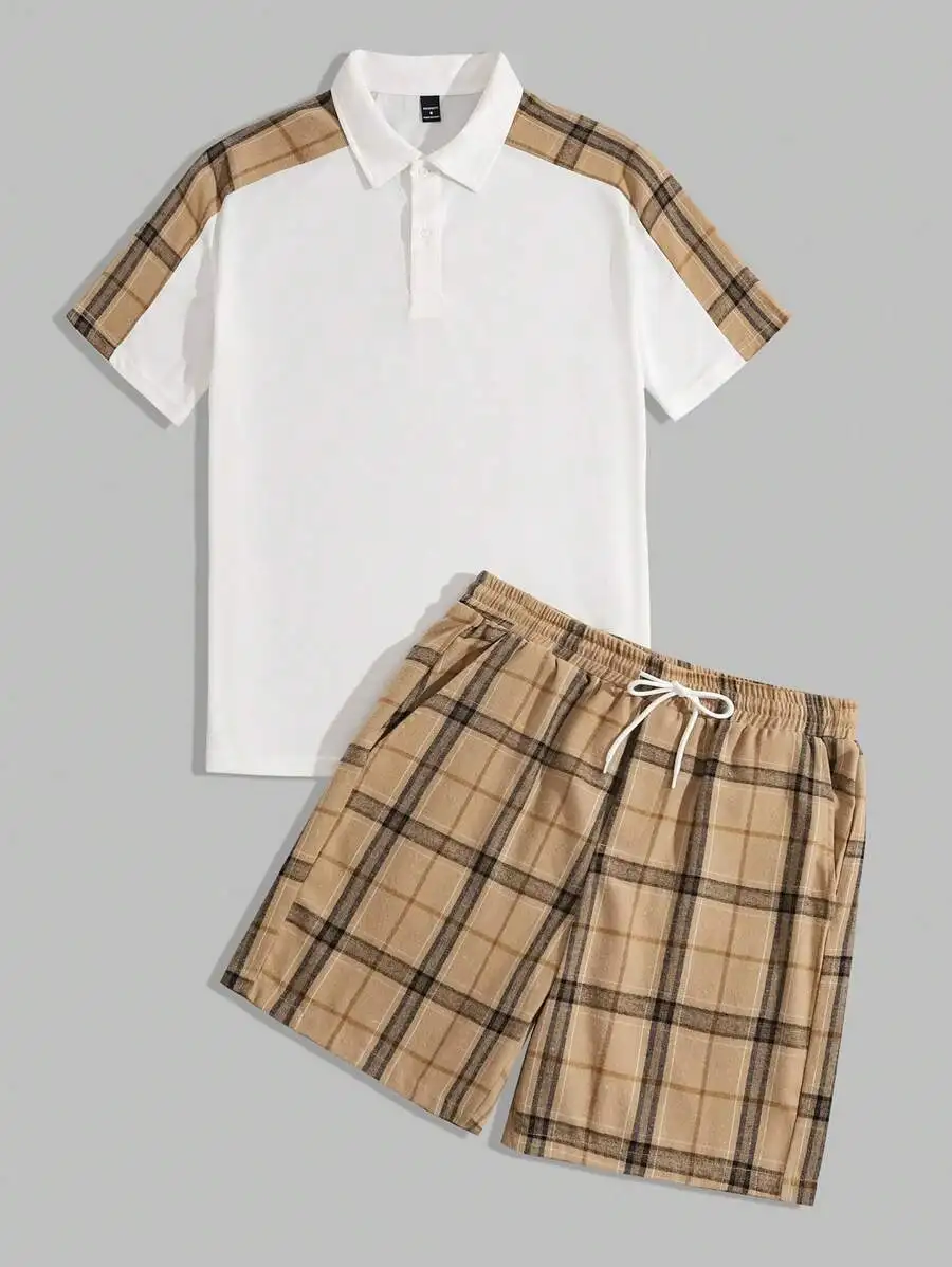

Men's White Polo Shirt with Plaid Sleeve Patchwork and Matching Shorts Set