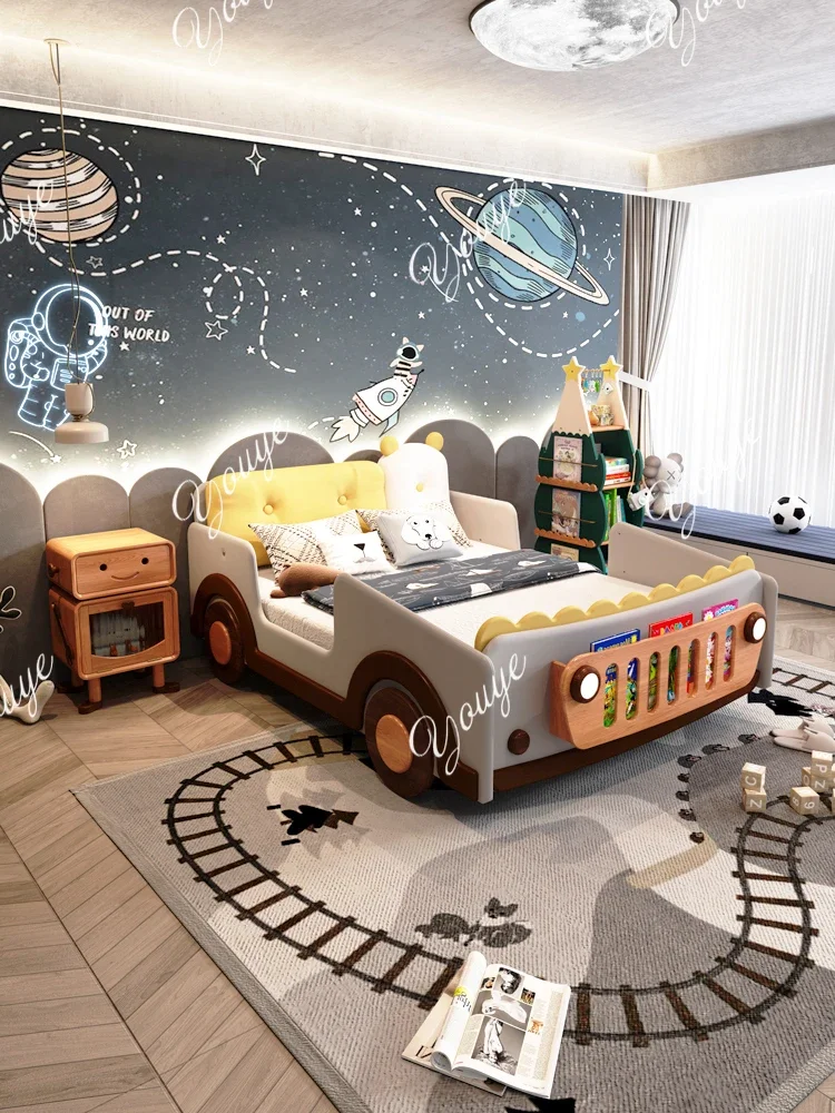 Gi Convertible Sports Car Car Bed Boy Children's Bed Bedroom With Tent Guardrail Creative Teenager Solid Wood Single Bed