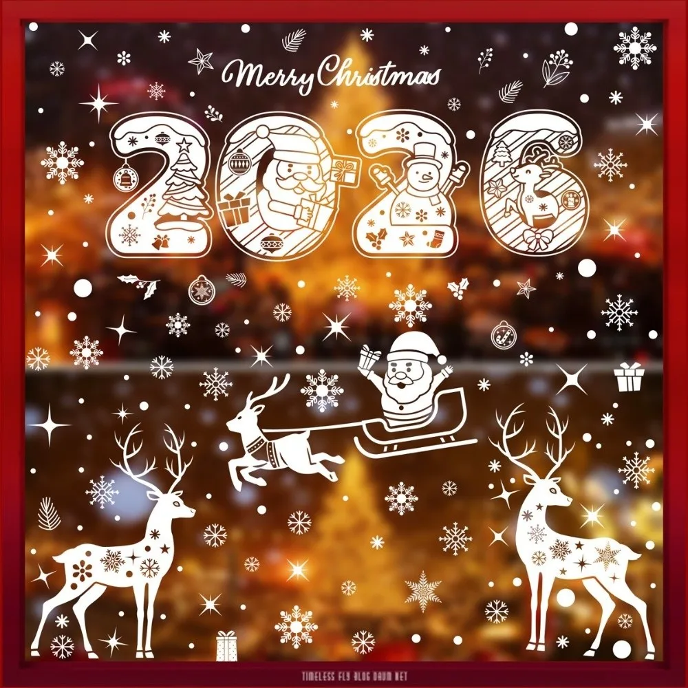 2026 Christmas Window Sticker Elk Snowman Design Santa Claus Pattern Electrostatic Glass Sticker Merry Christmas Theme