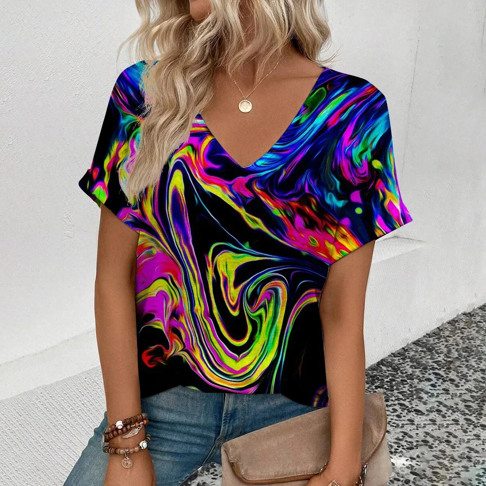 Kolorowe Tie-Dye damskie koszulki z nieregularnym olejnym malowanym odzież damska z krótkim rękawem t-shirty Oversize dekoltem w szpic