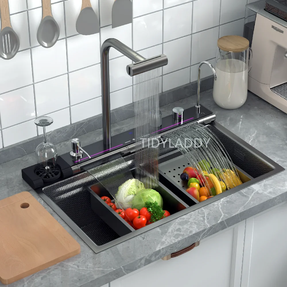 Pull Out Waterfall Kitchen Sink Faucet Stainless Steel Integrated Single Slot with Digital Display Multifunctional Kitchen Sink