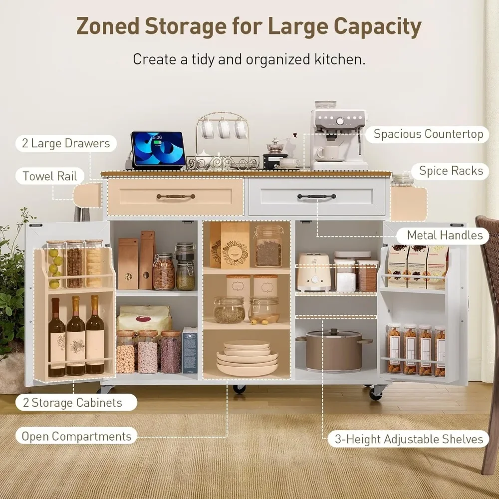 Kitchen Island With Power, Outlets Drop Leaf Storage, Drawer Spice Rack Tower, White Table Cart Design