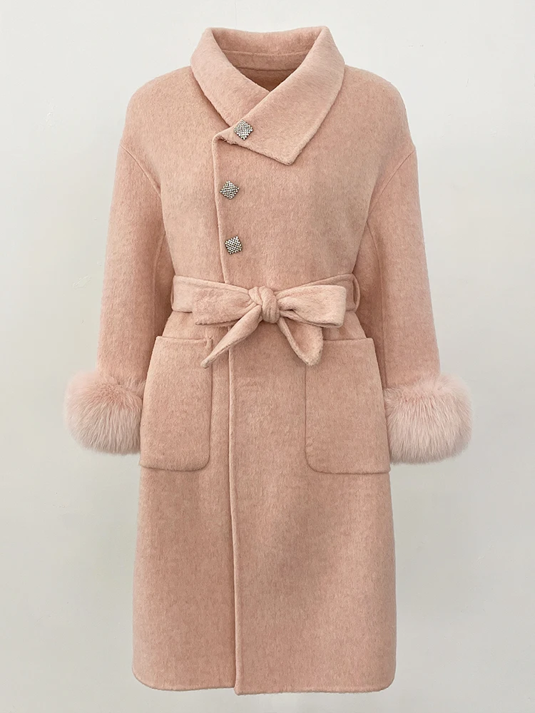 เสื้อโค้ทขนสัตว์แท้สำหรับผู้หญิง แฟชั่นฤดูใบไม้ร่วง-ฤดูหนาว ปี 2025  พร้อมเข็มขัดยาว  ผ้าขนสัตว์แคชเมียร์ผสมขนจิ้งจอกธรรมชาติ