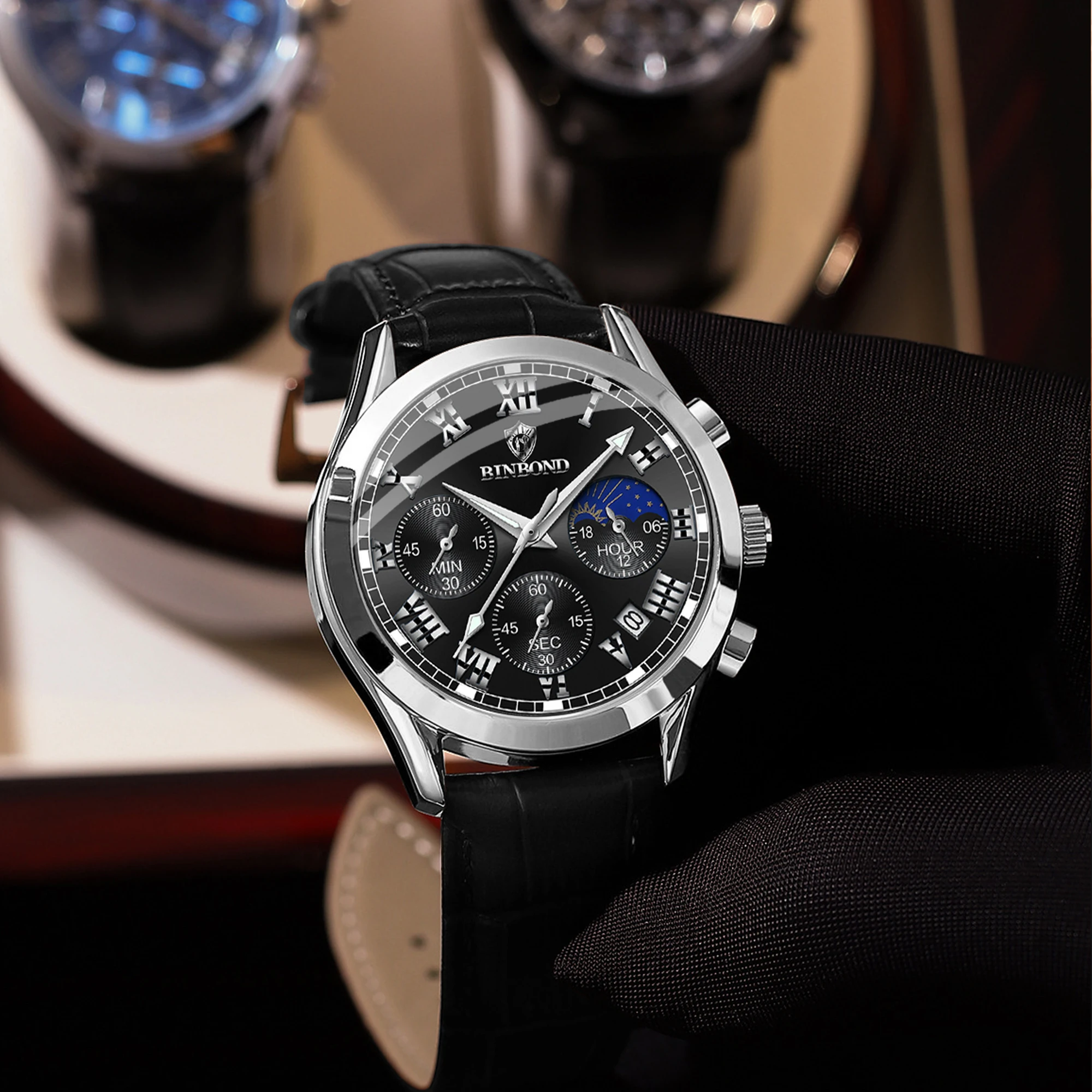 BINBOND Luxury Quartz Men's Watch Multifunctional Chronograph 6‑Hand Luminous Waterproof Leather Business Wristwatch Gift