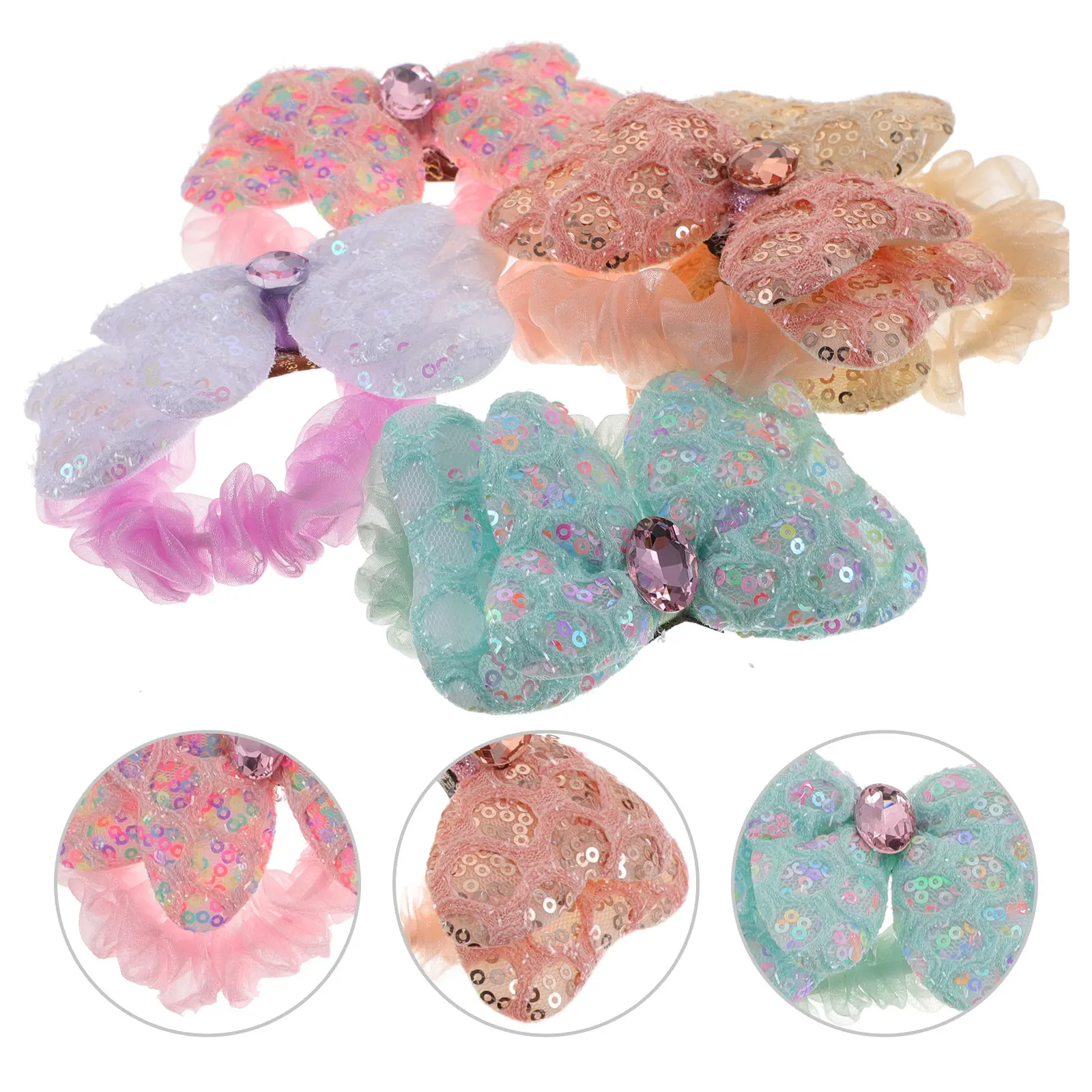 5Pcs Girls Hair Ties Elastic Sequin Bows Ponytail Holders Toddler Hair Rope Bright Colorful Cute Accessories Ponytail Holders