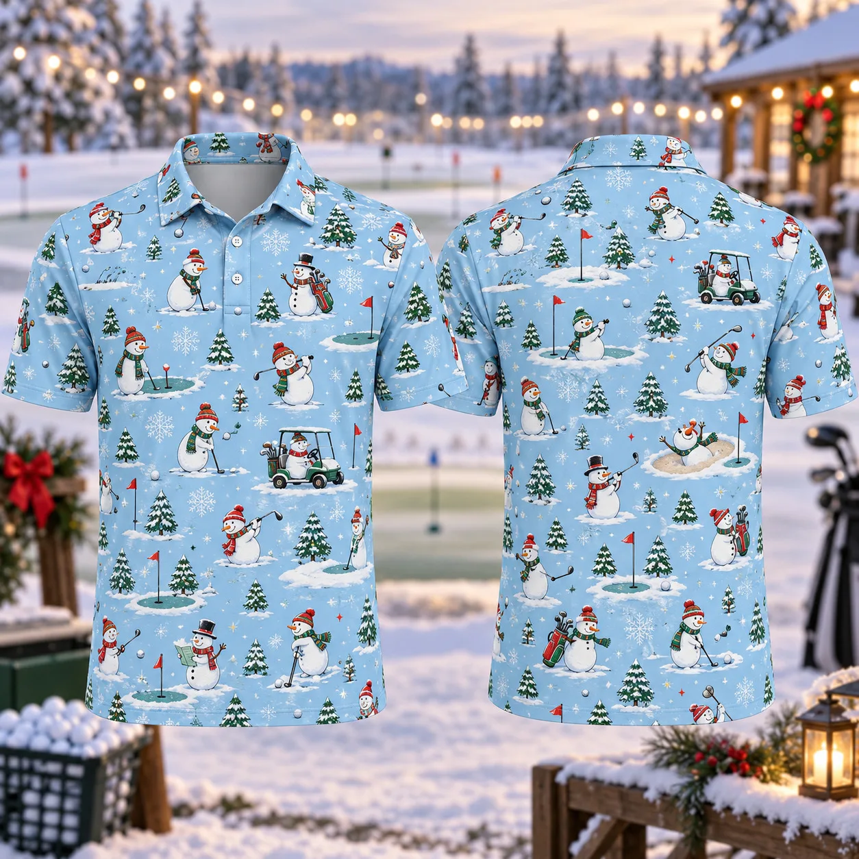 Men's Christmas Golf Polo Shirt Snowman Putting 3D All Over Print Short Sleeve Holiday Party Top