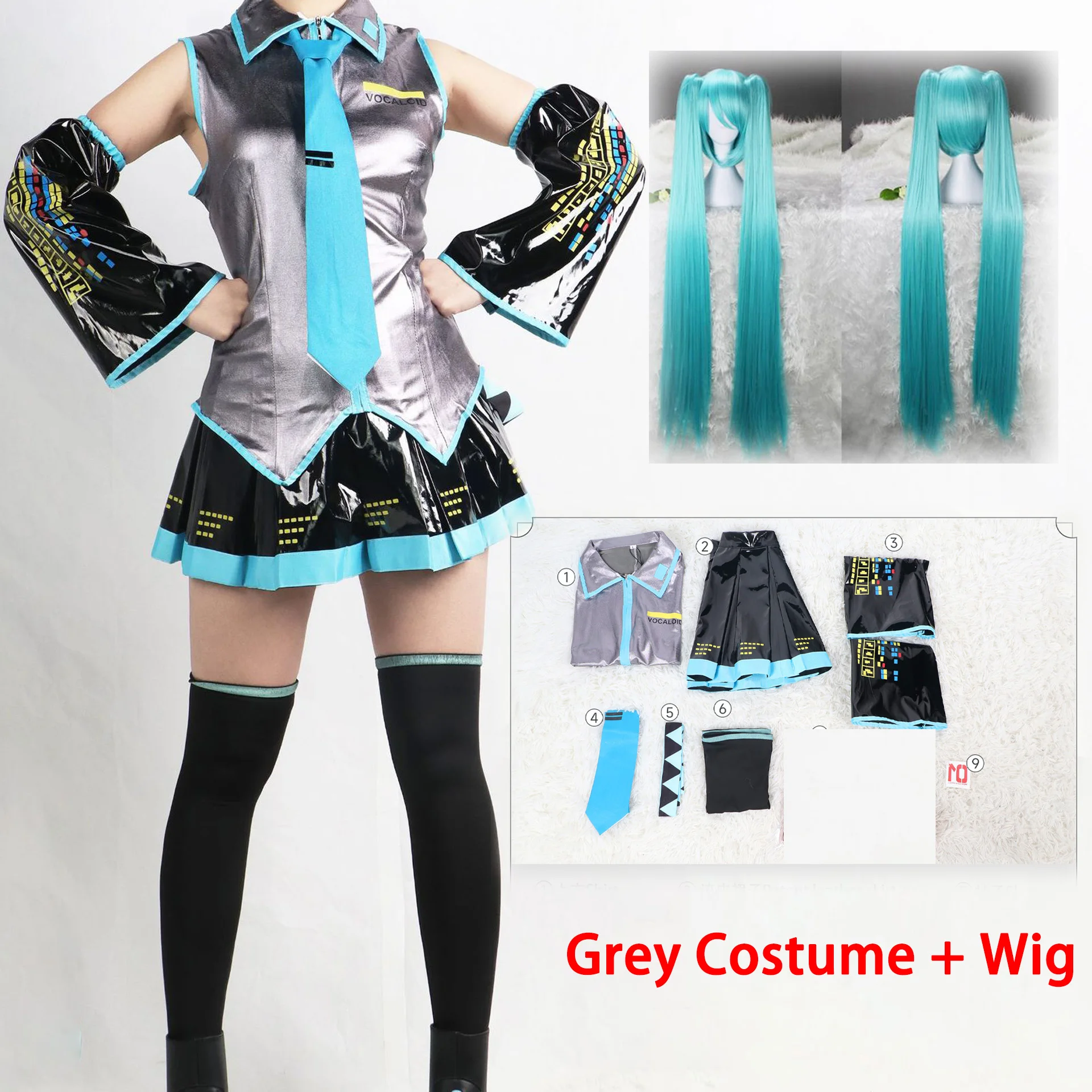Miku Cosplay Costume Full Set Silver Leather Fabric Suit Miku Cosplay Headwear Costume Outfit JK Sailor Dress School Uniform - Image 4