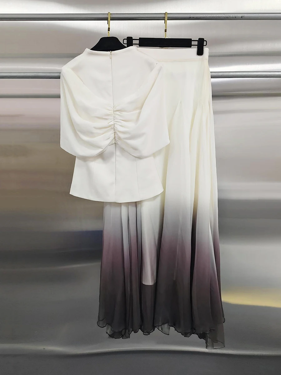 GALCAUR Colorblock Elegant Slim Two Piece Set for Women Cape Collar Half Sleeve Top High Waist Maxi Skirt Casual Sets Female New