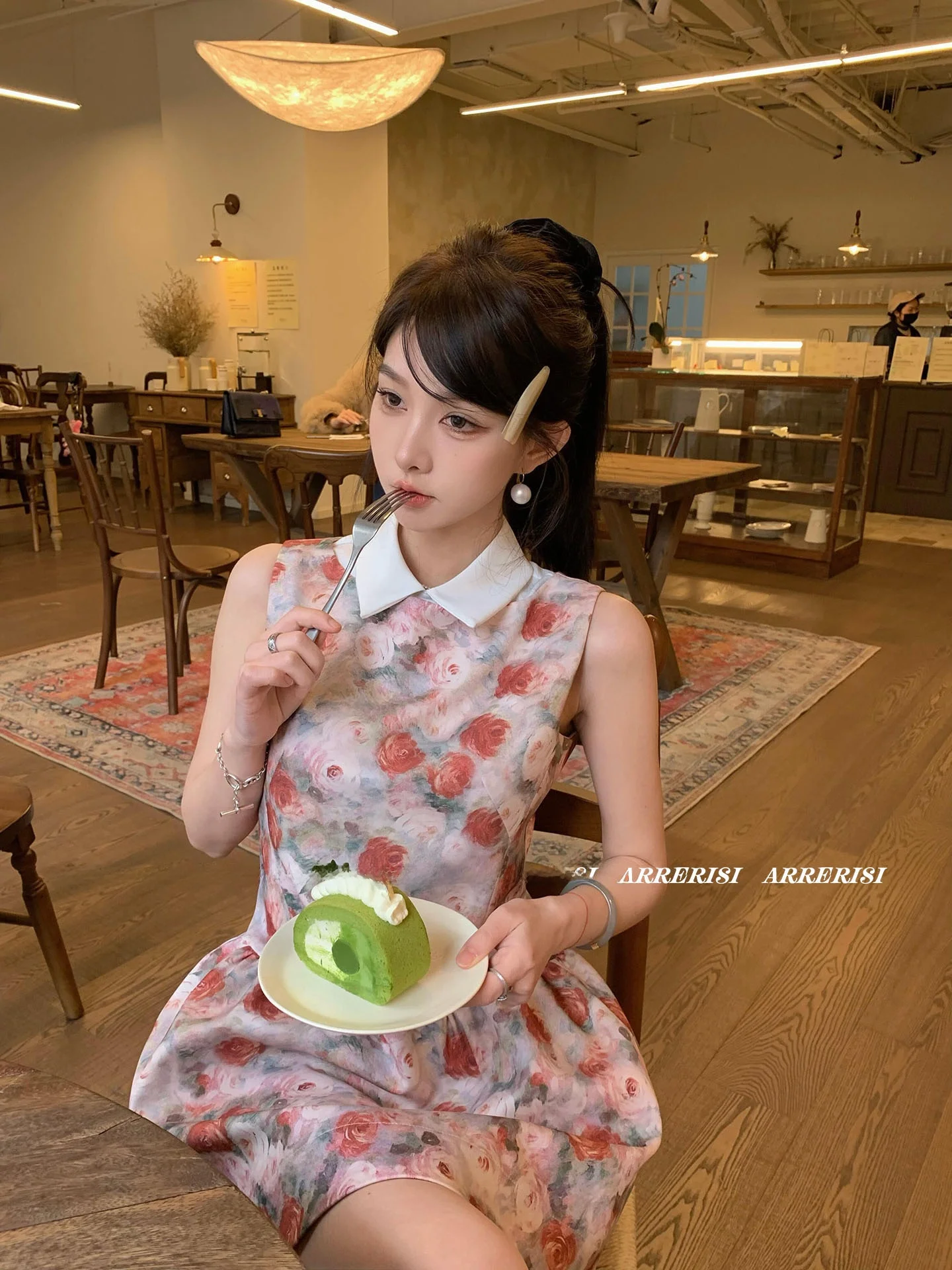 

Floral Print A-Line Dress Women's Sleeveless High Waist Slimming Date Night Gown Mandarin Collar Zipper Closure City Commute