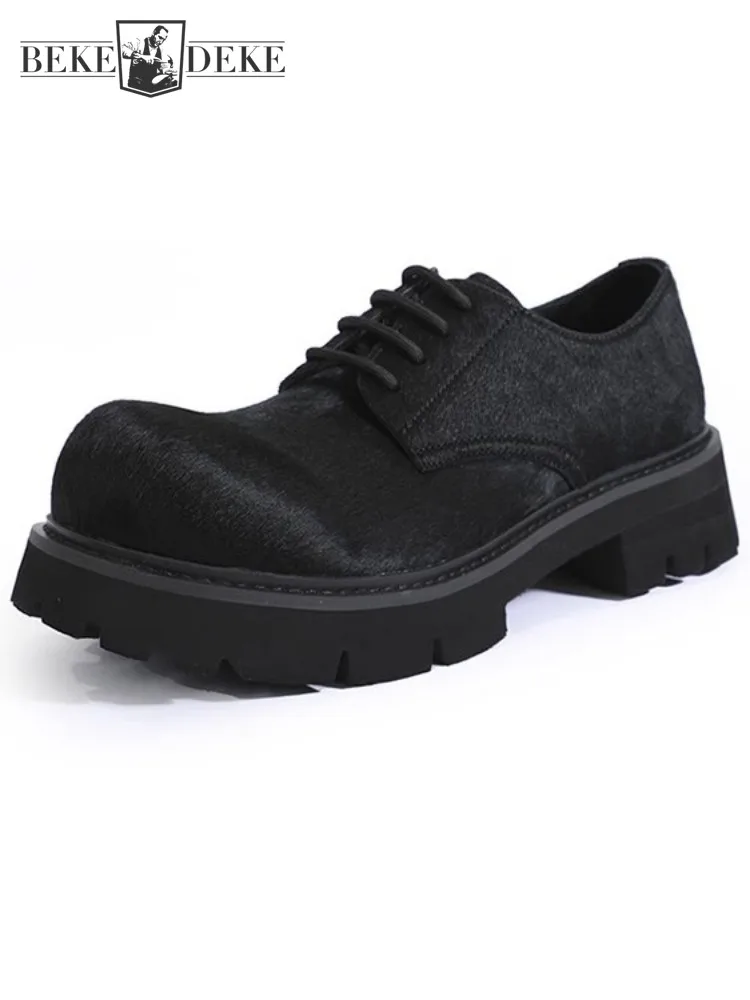 

Street Gothic Mens Round Toe Lace Up Thick Bottom Derby Shoes Horsehair Genuine Leather Design Runway Casual Dress Shoes Male