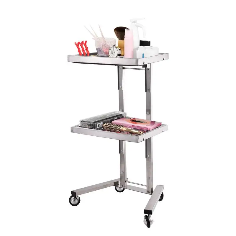 Stainless Steel Auxiliary Cart with Wheels Beauty Salon Dyeing Trolley Cart Folding Bar Car Barber Shop Double Layer Trolleys