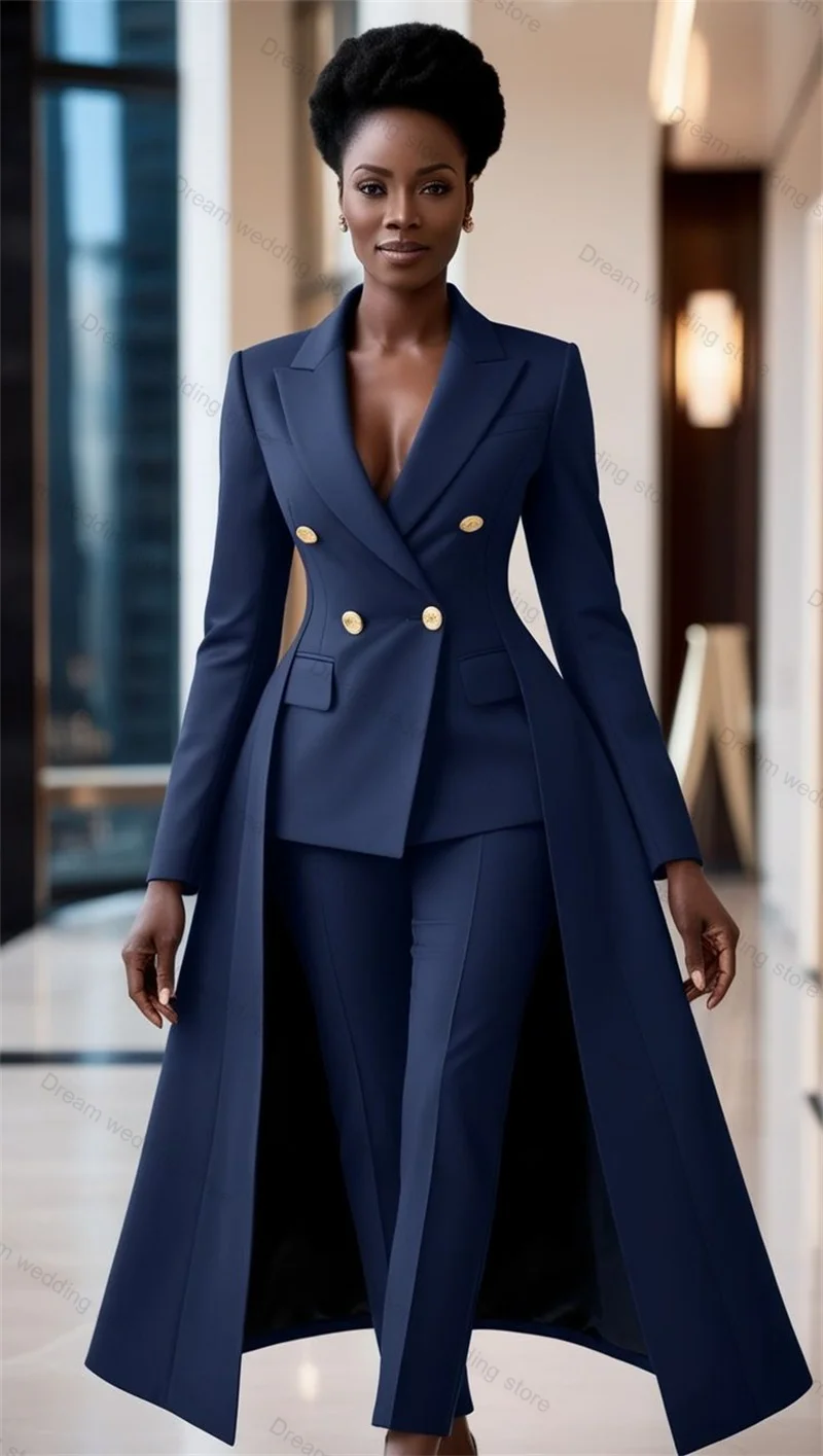 Navy Blue Women Suit Set 2 Pcs Long Train Blazer+Pants Formal Office Lady Jacket Wedding Tuxedo Customized Prom Cotton Coat