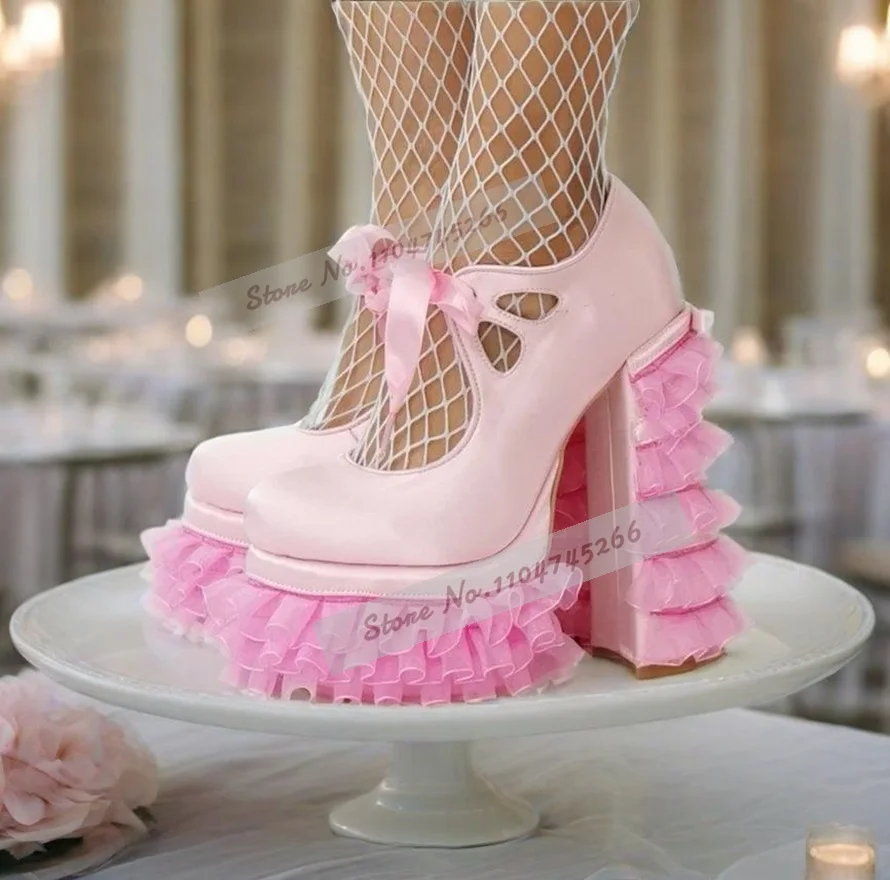 Black Pink Ruffle Strange Chunky Heel Dress Pumps Air Mesh Floral Platform Wedding Pumps Ribbon Lace-Up Banquet Footwear