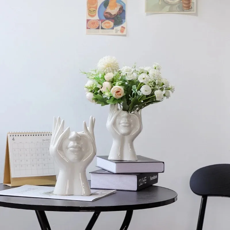 European Abstract Hand Rest Face Ceramic Vase White Body Art Flower Arrangement Plant Potted Hydroponic Home Decoration New