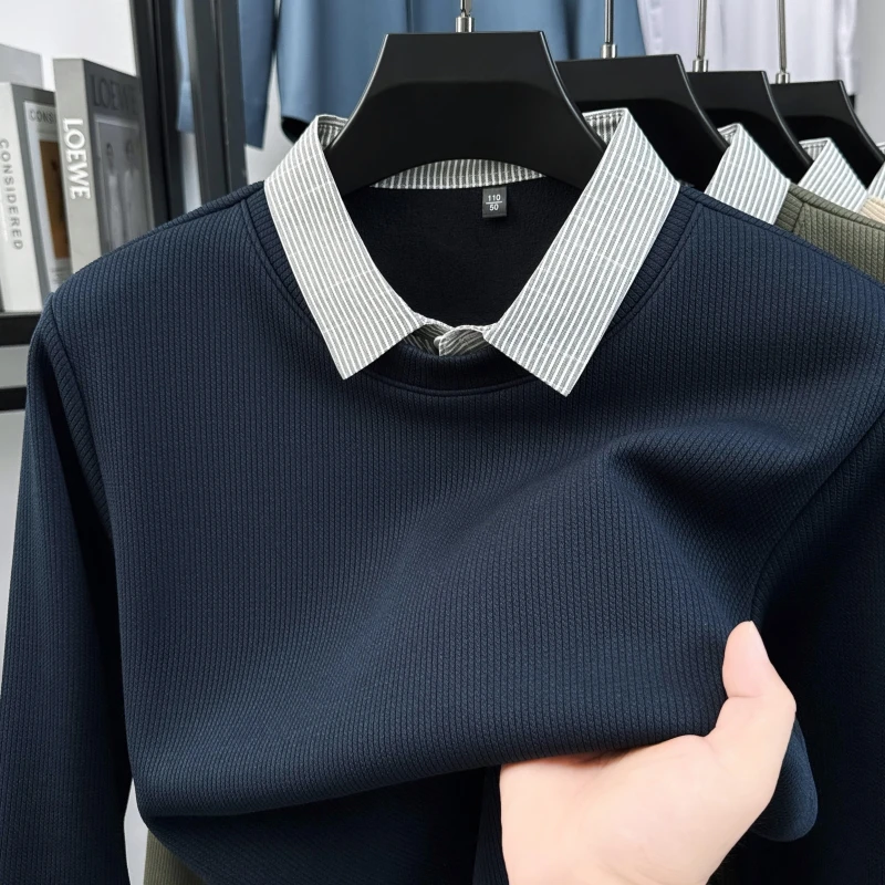 

Light luxury men's striped lapel sweater autumn winter plush thickened warm comfort casual new fashion fake two-piece pullover