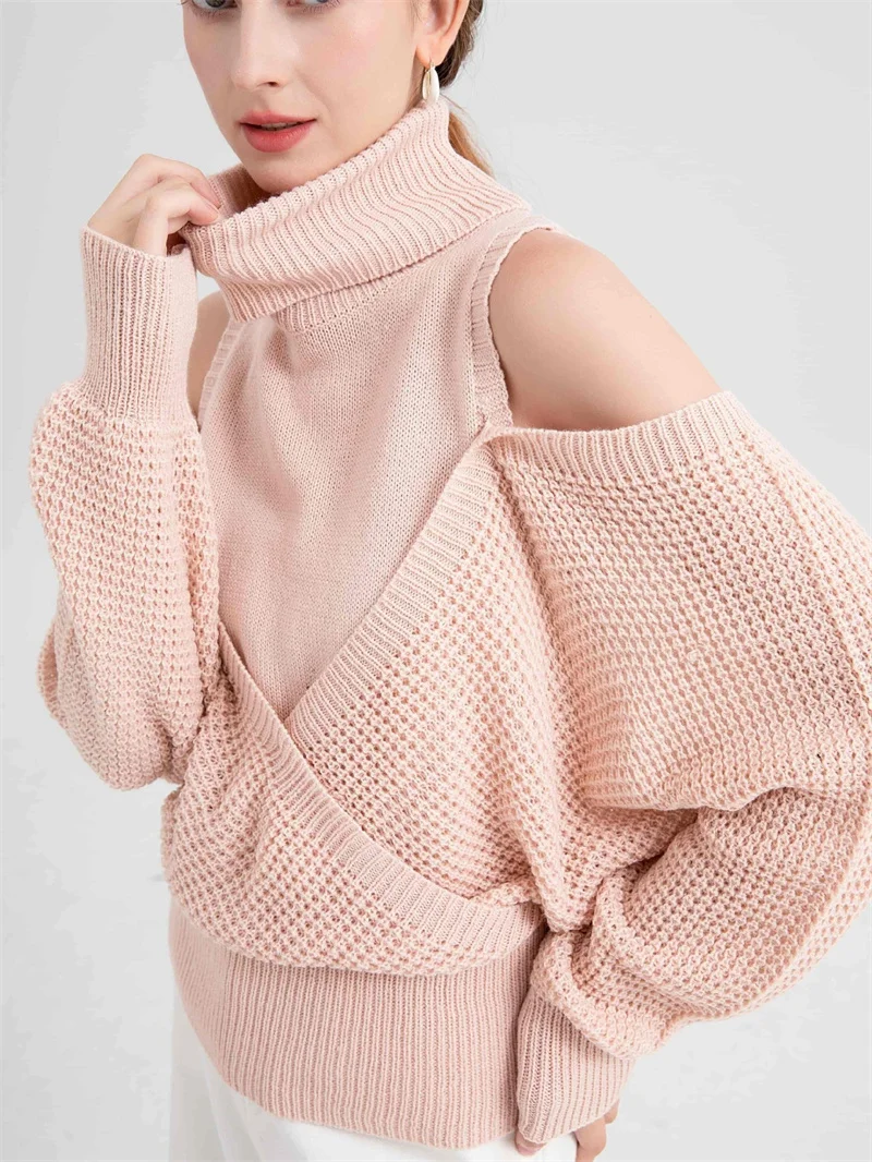 

Fashion Strapless Turtleneck Knitted Sweater Women's Pullover Double-layer Batwing-sleeve Loose Top Short Sweaters Spring Autumn