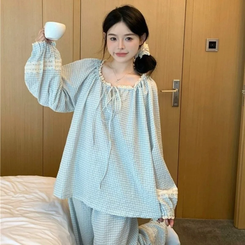 2025 Spring and Autumn New Ladies Korean Pajamas Homewear Set Girls Sweet Lace Ins Style Student Underwear Pajamas Homewear