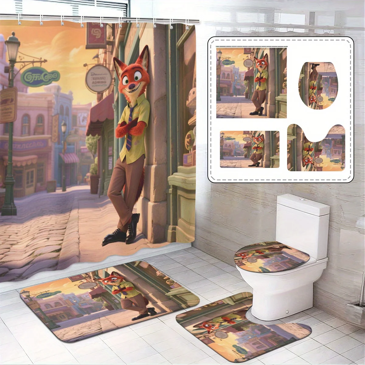 

1/3/4pcs Disney Zootopia Nick Shower Curtain with Bathroom Set Decor with Bath Mat U-Shaped Toilet Toilet Lid Cover
