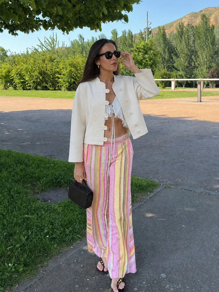 

HH Women Summer Spring Minimal Structured Off White Collar Jacket Single Button Cropped Relaxed Fit Outerwear With Side Pockets