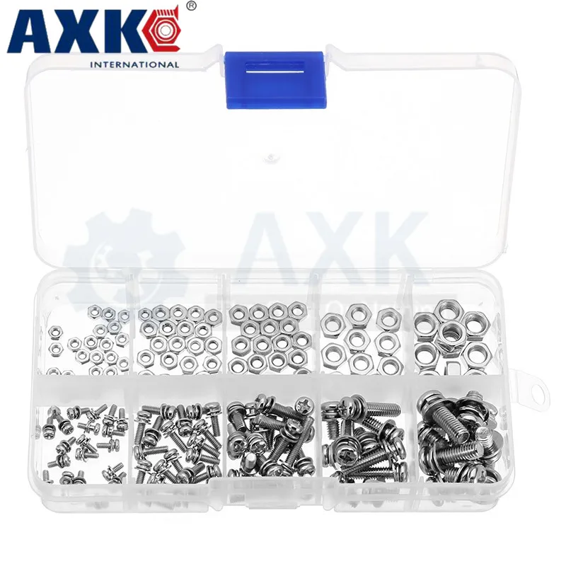 AXK New 160Pcs/set MXSP1 Stainless Steel Pan Head Screws Nuts Assortment Kit Cross Screws Hex Nut M2 M2.5 M3 M4 M5