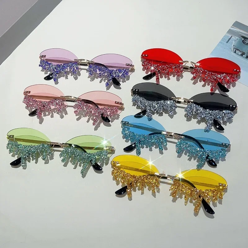 

Rimless Tear Shaped Rhinestone Sunglasses Women Fashion Trendy Decorative Shades Stylish Rave Party Beach Festival Sun Glasses