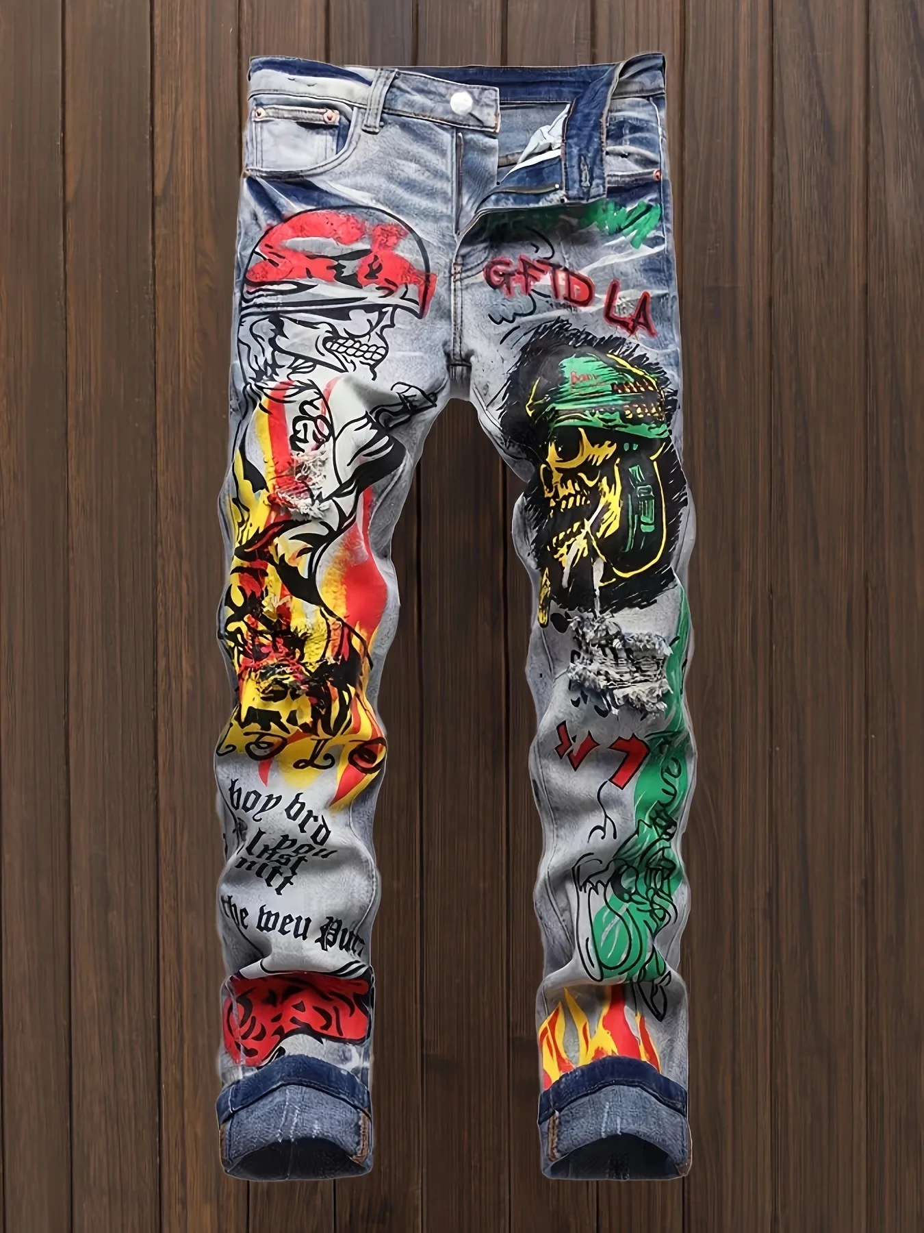 Men's Vintage Style Jeans European and American printed graffiti distressed washed and distressed jeans For Males