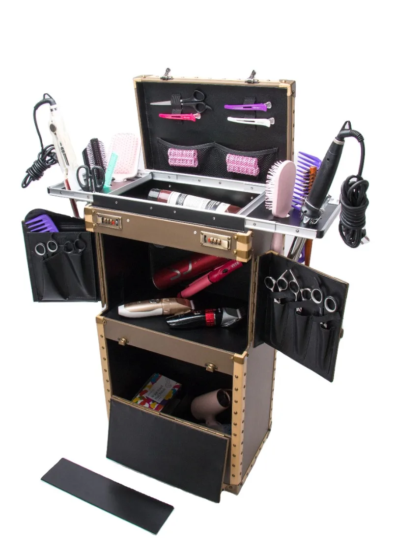 Makeup Train Case Hairdressing Trolley Stylist Beauty Barber Tool Case Travel Barber Box With Hair Dryer Holder