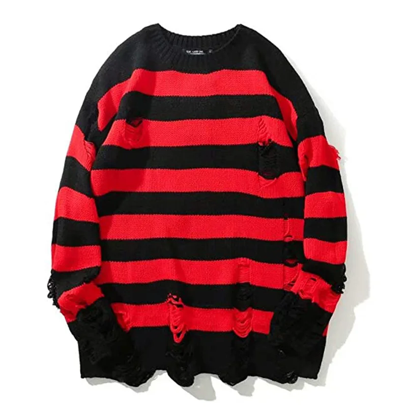 

Presale ! Stripe Sweaters Ripped Sweater Men Pullover Hole Knit Jumpers Men Oversized Sweatshirt Long Sleeve Tops