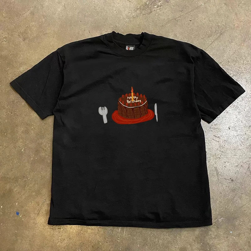 Heavyweight Pure Cotton Short Sleeve T-Shirt Couple Style Men's Loose Fit Cake Knife Fork Design Casual Summer Tee for Teens