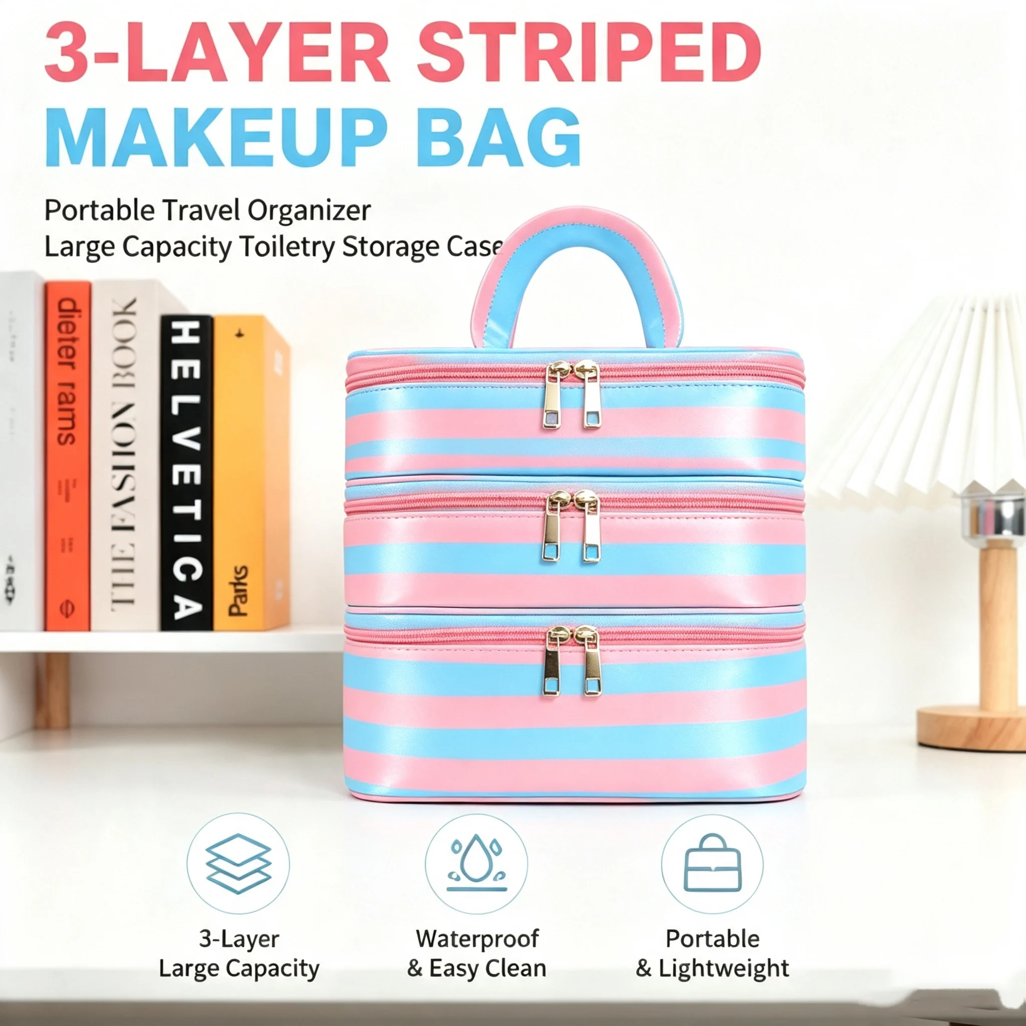 3-Layer Striped Makeup Bag Portable Travel Organizer  Waterproof Independent Compartments Large Capacity Toiletry Storage Case