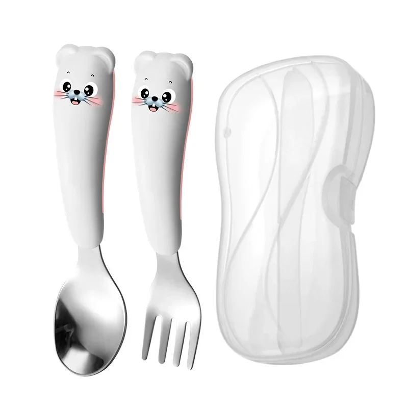 Utensílios de mesa das crianças conjunto portátil 304 colher de aço inoxidável garfo alimentação infantil talheres bebê cartoon garfo colher