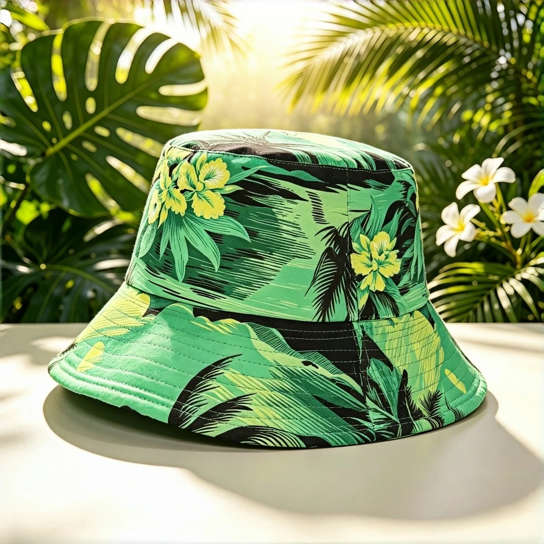 Tropical Hawaiian Style Bucket Hat Green Hibiscus Flower Palm Tree Leaf Print Fisherman Cap Foldable Casual Sun Hat For Beach Tr