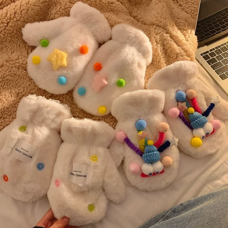 عيد الميلاد Kawaii قفازات الكرتون الشتاء قفازات نسائية يندبروف سميكة الدافئة وشاح أفخم شنق الرقبة قفازات كاملة الأصابع للمرأة #5