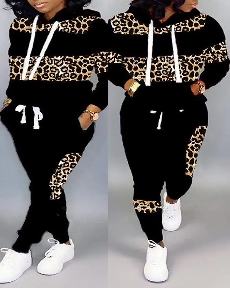 Two Piece Sets Women Pant Set Leopard Print Hoodies Sweatshirts Full Sleeve Tops Long Pants Lace Up Elastic Waist Autumn