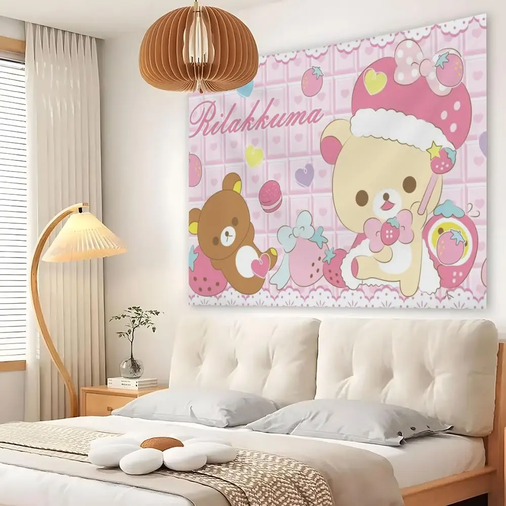 Cute R-Rilakkuma Bear Tapestry Custom Living Bedroom Party Dormitory Interior Wall Bohemian Decoration Attached Clip