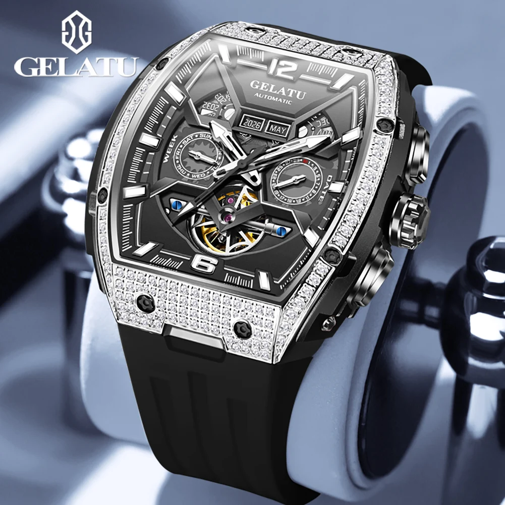 GELATU 6016 Brand Original Men Watches Full Diamond Flywheel Design Dual Calendar Automatic Mechanical Watch for Men Wristwatch