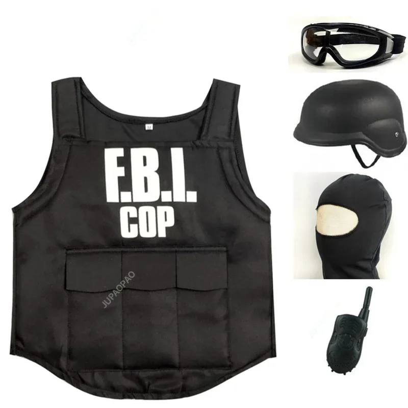 Children FBI SWAT Suits Cosplay Clothing Mini Bulletproof Vest Helmet SWAT Suit Set Halloween Party Dress Up Birthday Gift