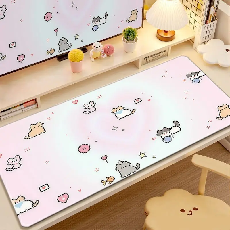 Kawaii Cartoon Pixel Kitten Mousepad Large XXL PU Leather Table Desktop Mat Office Gamer Computer Speed Type Carpet Keyboard Pad