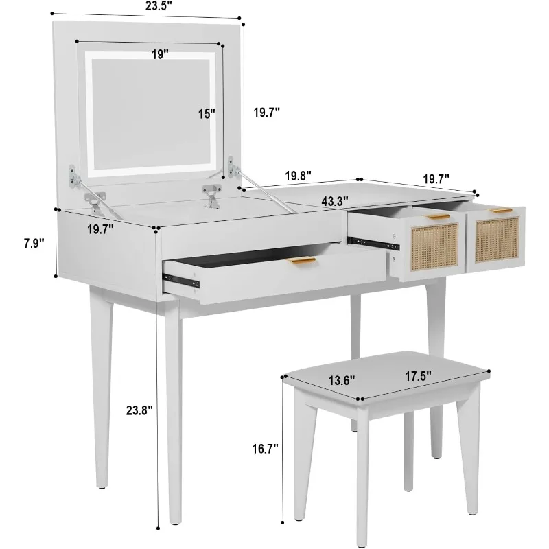 Vanity Desk, Makeup Vanity with Flip-Top Mirror & Vanity Stool, 3 Drawers Wood Makeup Table with 8 Storage Compartments