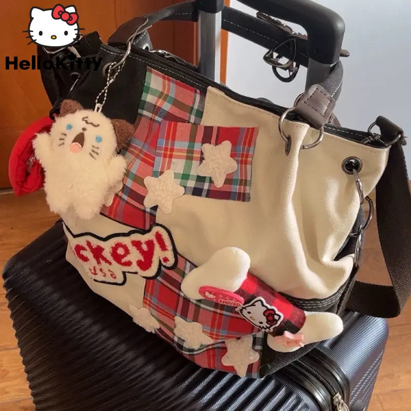 Sanrio Hello Kitty moda Vintage torebki damskie w czerwoną kratę Bone Star Canvas millenium Y2k torba Crossbody damskie torby na ramię