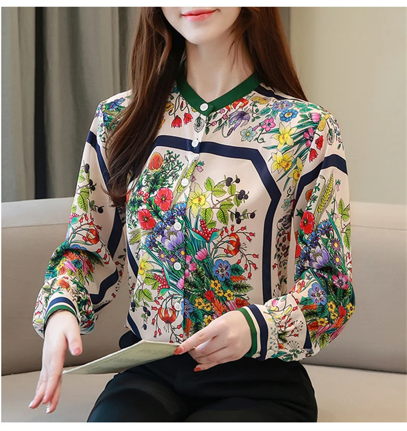 FANIECES S-3XL Spring New Women Baroque Print Chiffon Blouse Autumn Long Sleeve White Shirt Vintage Tops Feminina Blusa 6072